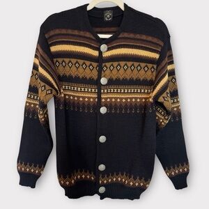 Vintage Wool Cardigan Sweater Black Brown Norvyk by Ren-Dale Apres Ski size M